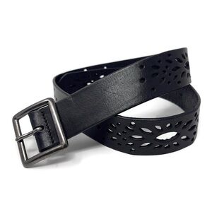 Express Black Cutout Leather Belt | Western Boho Laser Cut | Silver‎ Buckle